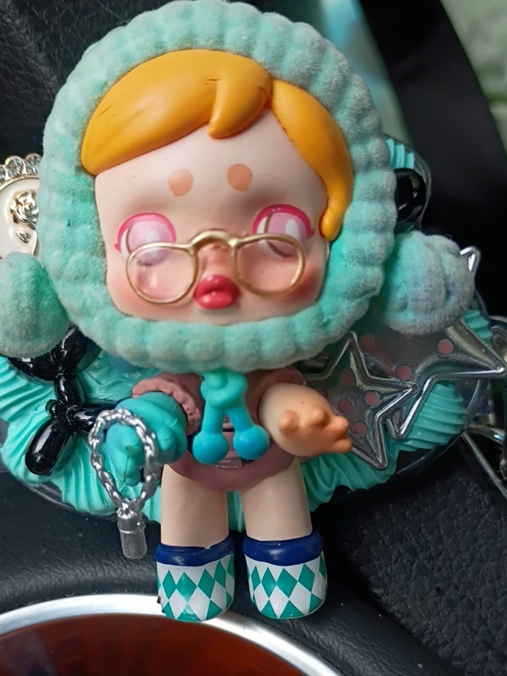 Plush-Hooded Blonde Doll Keychain in Teal